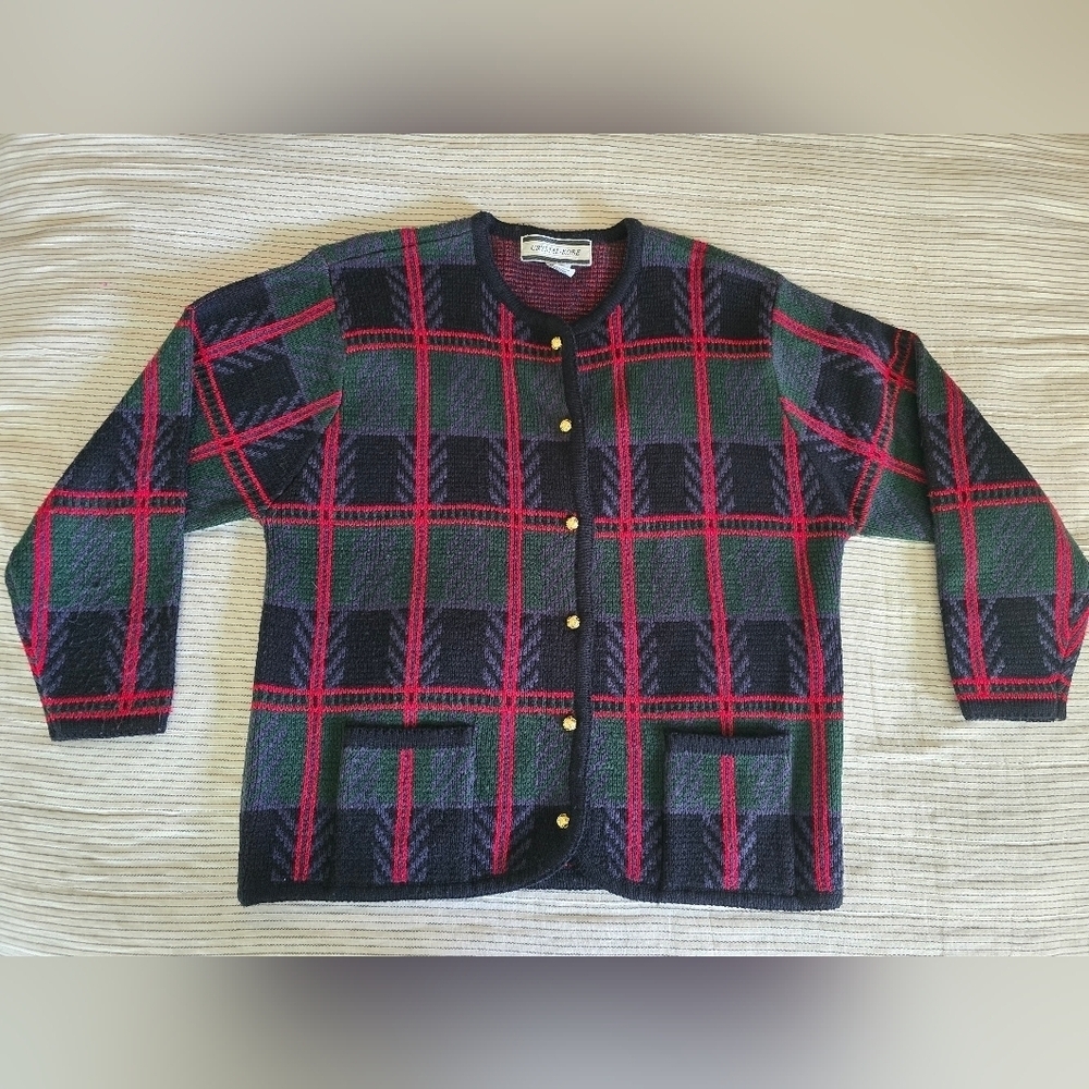 Vtg Crystal-Kobe Christmas Cardigan Sz L Scottish Green/Red Plaid Gold Buttons
